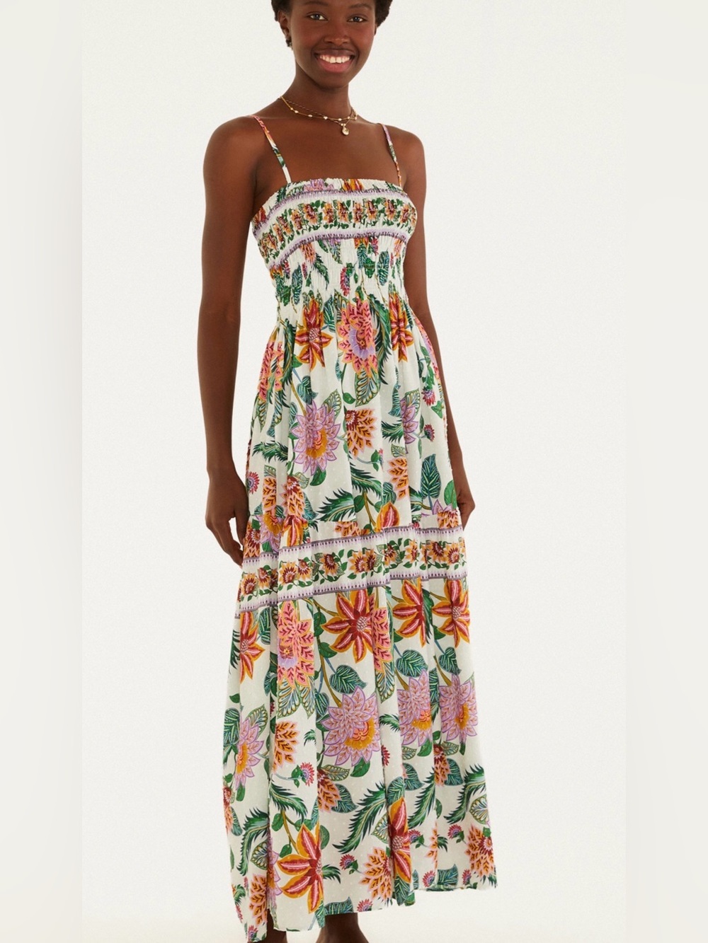 FARM Rio White Floral Smocked Maxi Dress with Pink, Orange & Green Print